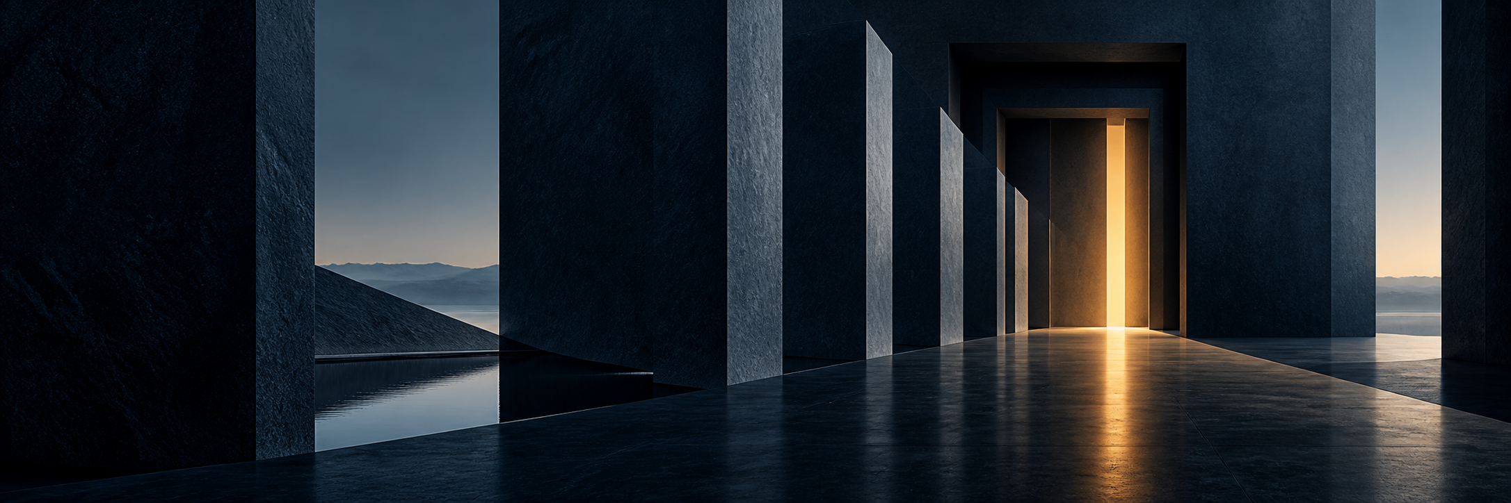 Midnight-blue architectural thresholds opening toward a seam of warm gold light